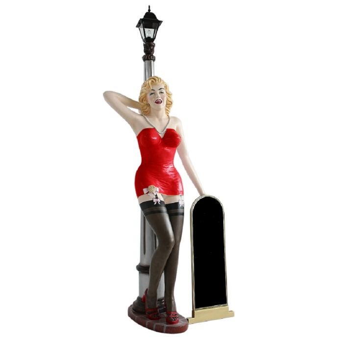 Marilyn rot schwarz mit Laterne und Angebotstafel lebensgroß Dekorationsfigur