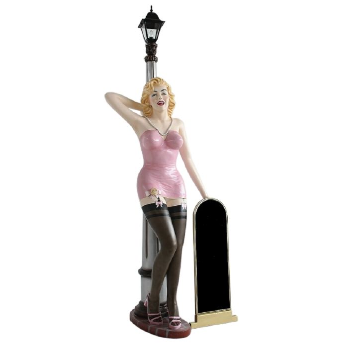 Marilyn rosa schwarz mit Laterne und Angebotstafel lebensgroß Dekorationsfigur