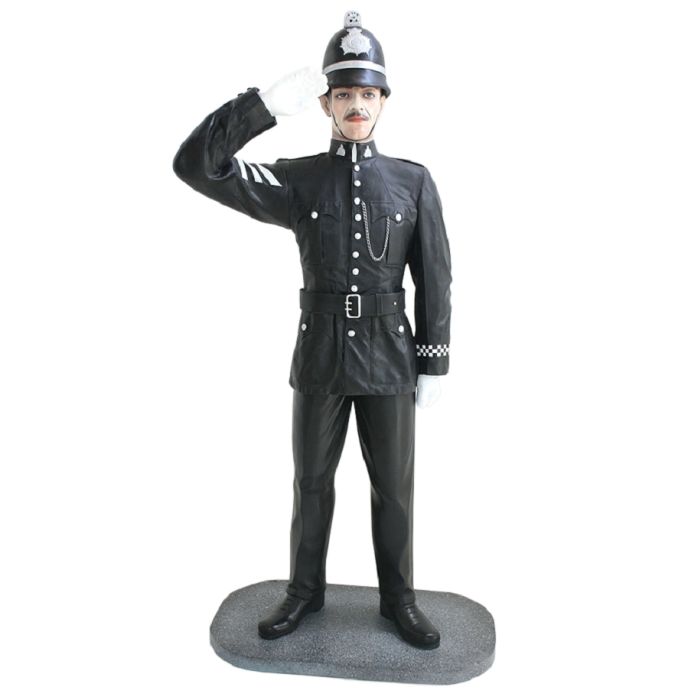Britischer Polizist mit Helm Salutierend lebensgroß Deko- & Werbefigur