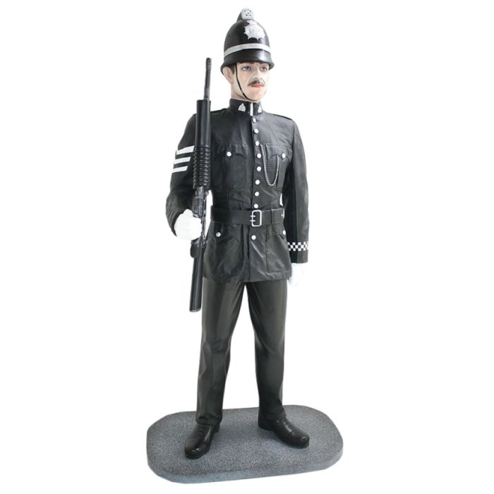 Britischer Polizist mit Helm und Waffe lebensgroß Deko- & Werbefigur