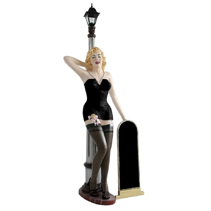 Marilyn schwarz schwarz mit Laterne und Angebotstafel lebensgroß Dekorationsfigur