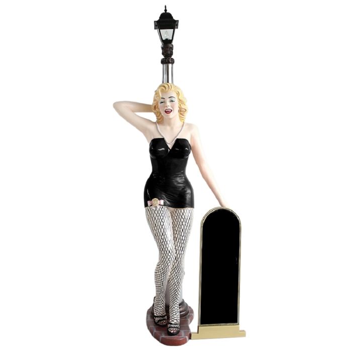 Marilyn schwarz netz mit Laterne und Angebotstafel lebensgroß Dekorationsfigur