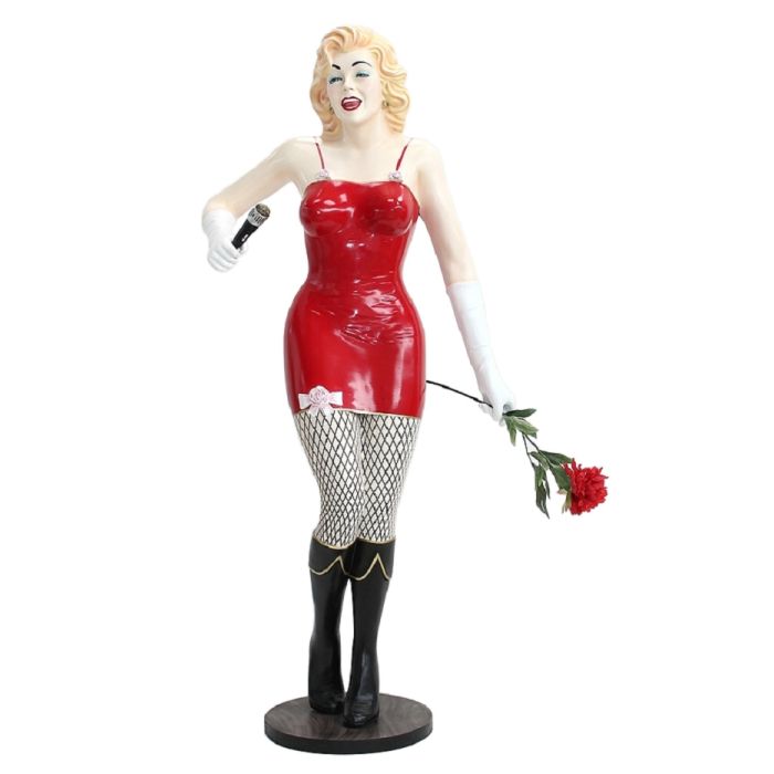 Marilyn in Rot mit Rose und Mikro lebensgroß Dekorationsfigur