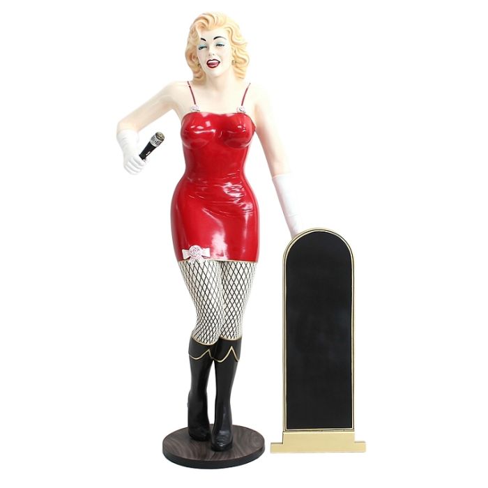Marilyn rot netz mit Mikrofon und Angebotstafel lebensgroß Dekorationsfigur