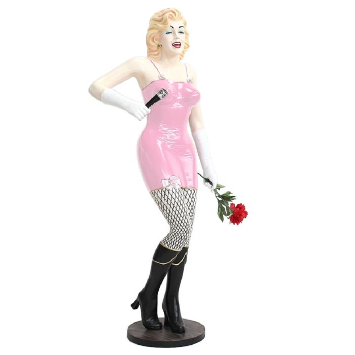 Marilyn in Rosa mit Rose und Mikro lebensgroß Dekorationsfigur
