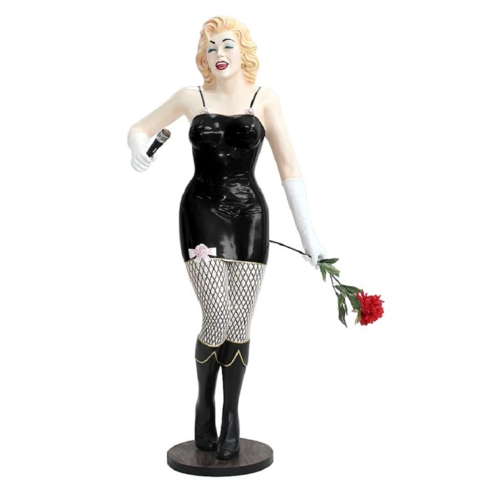Marilyn in Schwarz mit Rose und Mikro lebensgroß Dekorationsfigur