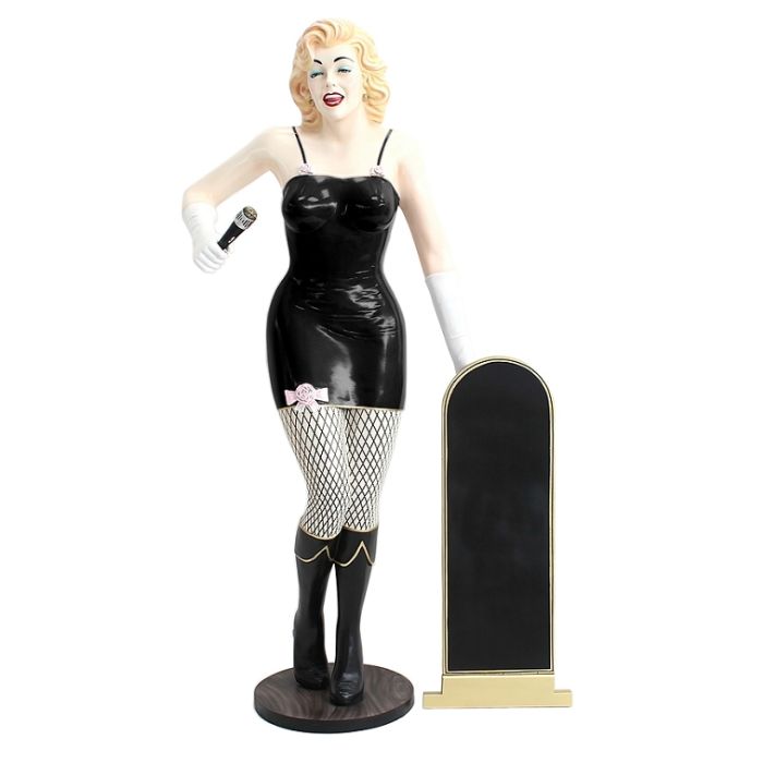 Marilyn schwarz netz mit Mikrofon und Angebotstafel lebensgroß Dekorationsfigur