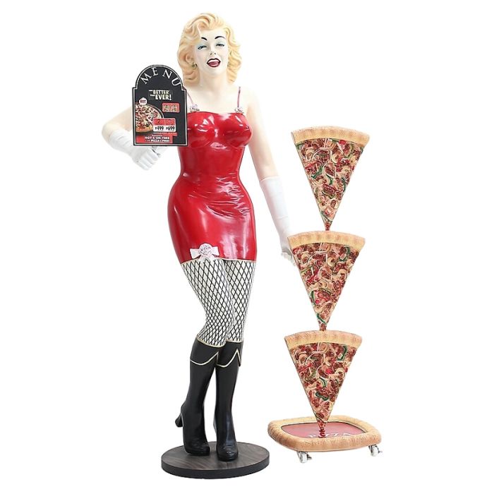 Marilyn mit Menükarte und Pizzen lebensgroß Dekorationsfigur