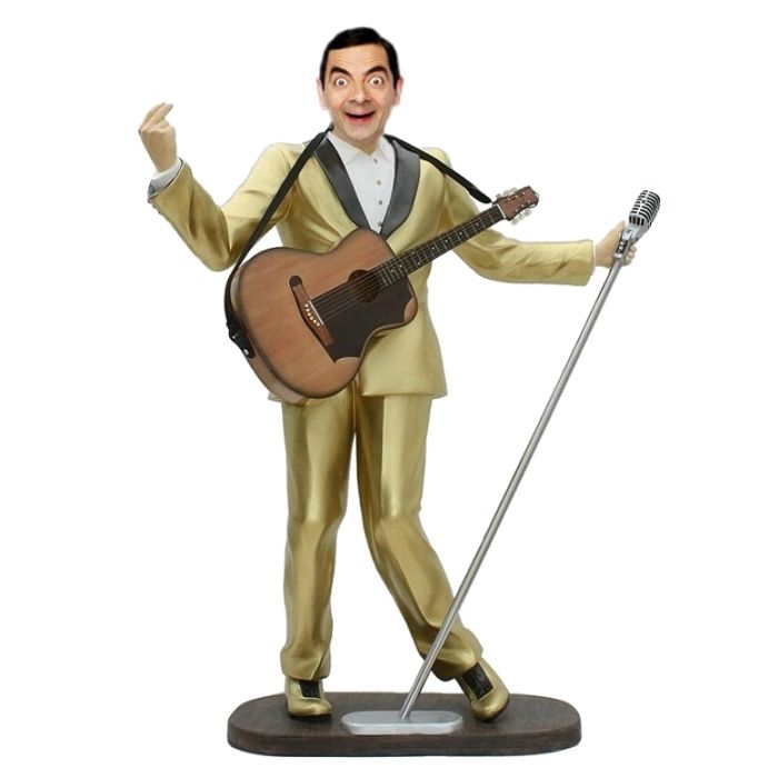 Mr Bean als Elvis im goldenen Anzug mit Mikro lebensgroß Dekorationsfigur