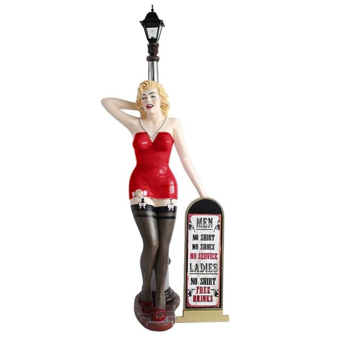 Marilyn rot schwarz mit Laterne und Angebotstafel lebensgroß Dekorationsfigur