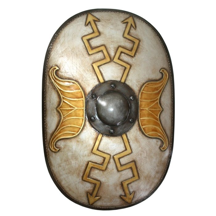 Antikes Mittelalterliches Schild Oval Weiß mit goldenen Pfeilen lebensgroß Diverse Dekoelemente