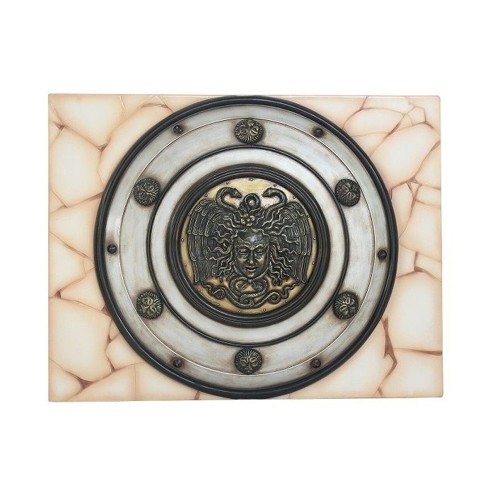 Antikes Mittelalterliches Schild mit Medusa Weiß Gold auf Mosaik lebensgroß Diverse Dekoelemente
