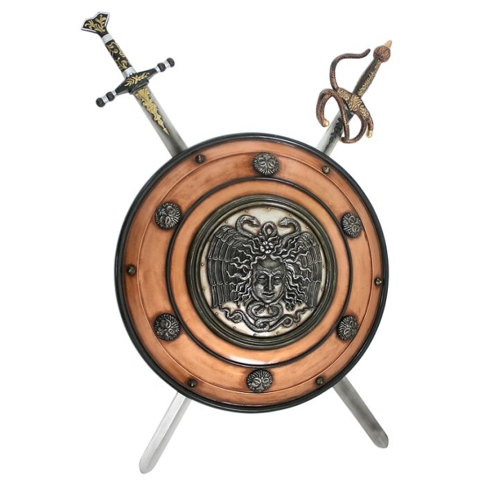 Antikes Schild mit Medusa Bronze und 2 Schwertern lebensgroß Diverse Dekoelemente