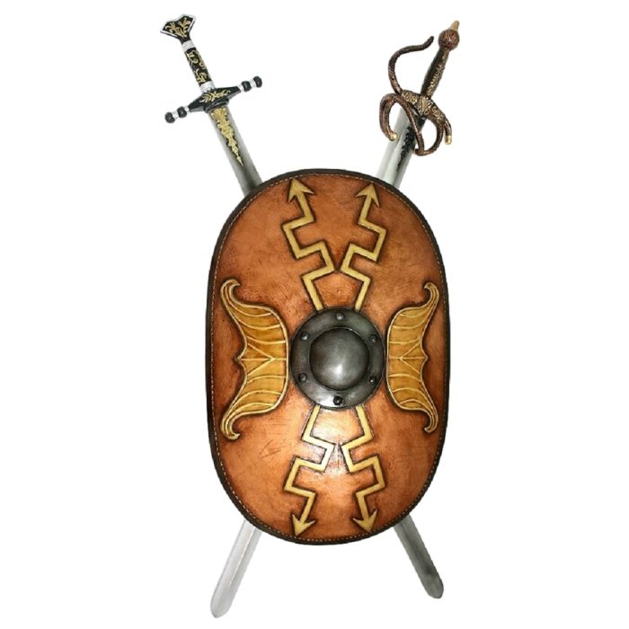 Antikes Schild Oval Orange mit goldenen Pfeilen und 2 Schwertern lebensgroß Diverse Dekoelemente