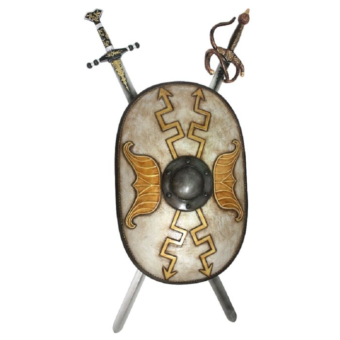 Antikes Schild Oval Weiß mit goldenen Pfeilen und 2 Schwertern lebensgroß Diverse Dekoelemente