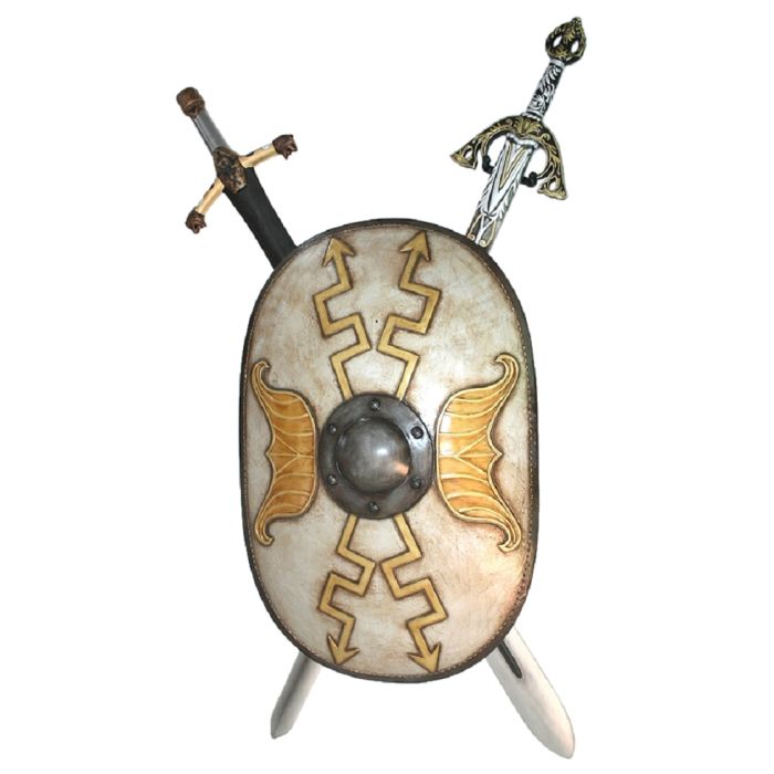 Antikes Schild Oval Weiß mit goldenen Pfeilen und 2 Schwertern 2 lebensgroß Diverse Dekoelemente