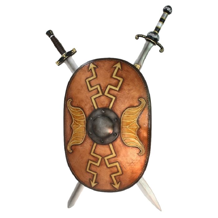 Antikes Schild Oval Orange mit goldenen Pfeilen und 2 Schwertern lebensgroß Diverse Dekoelemente