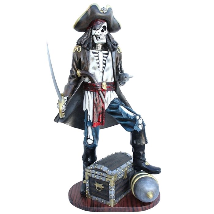 Piratenskelett auf Kanone mit Schatztruhe lebensgroß Deko- & Werbefigur