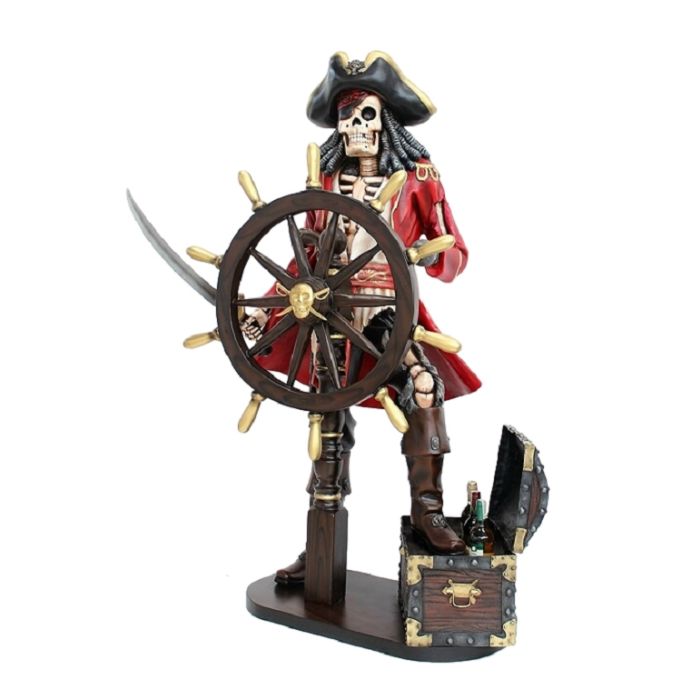 Piratenskelett mit Truhe für Wein und Steuer rot lebensgroß Deko- & Werbefigur