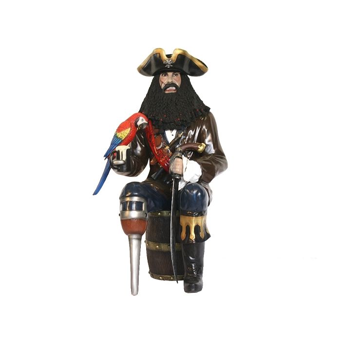 Pirat Blackbeard mit Papagei auf Weinfass lebensgroß Deko- & Werbefigur