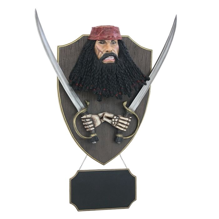 Pirat Blackbeard mit Schwertern und Angebotsschild Wanddeko lebensgroß Angebotstafel