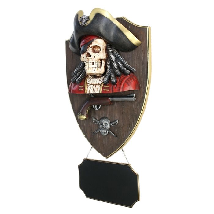 Piratenskelett mit Pistole und Angebotsschild Wanddeko lebensgroß Angebotstafel