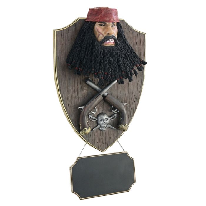 Pirat Blackbeard mit Pistolen und Angebotsschild Wanddeko lebensgroß Angebotstafel