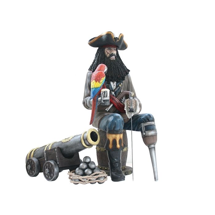 Pirat Blackbeard auf Weinfass mit Kanone lebensgroß Deko- & Werbefigur