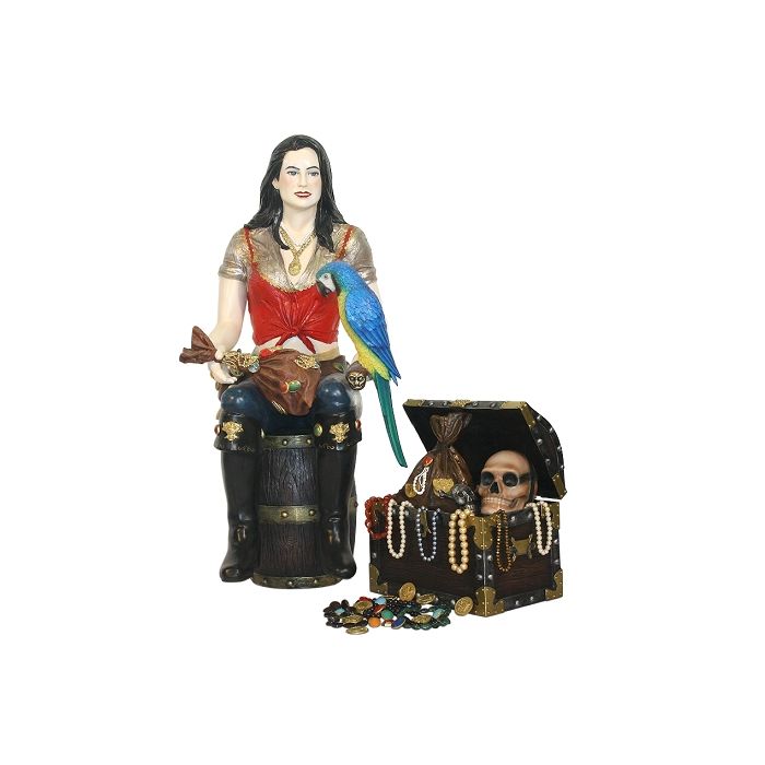 Piratenfrau auf Weinfass mit Schatztruhe lebensgroß Deko- & Werbefigur