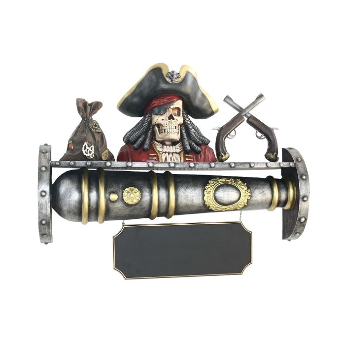 Kanonenregal mit Piratenbüste und Angebotsschild lebensgroß Angebotstafel