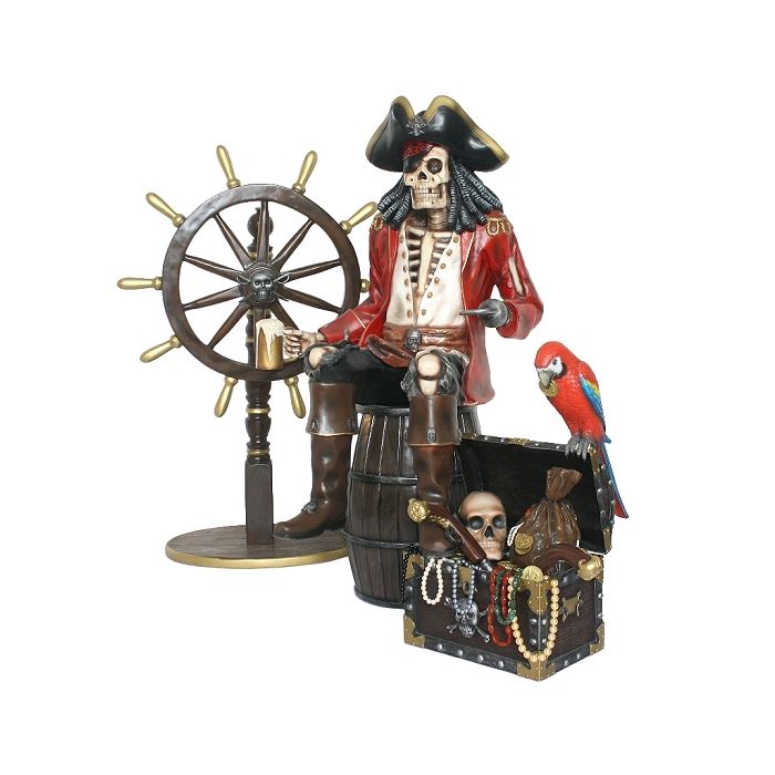 Piratenskelett auf Weinfass mit Steuer und Schatztruhe lebensgroß Deko- & Werbefigur