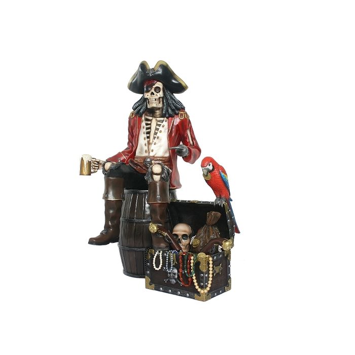 Piratenskelett auf Weinfass mit Schatztruhe lebensgroß Deko- & Werbefigur