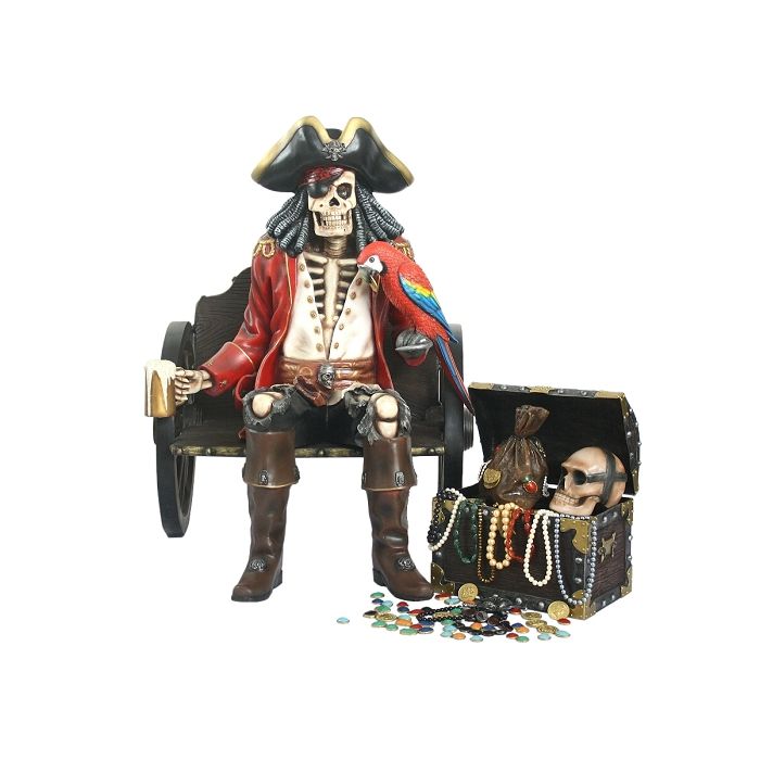 Piratenskelett auf Wagenbank mit Schatztruhe lebensgroß Deko- & Werbefigur