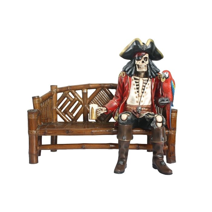 Piratenskelett auf Bambusbank lebensgroß Deko- & Werbefigur