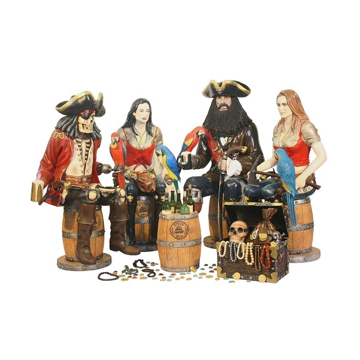 Piraten auf Weinfässern mit Weinhalterung und Schatztruhe lebensgroß Dekorationsfigur