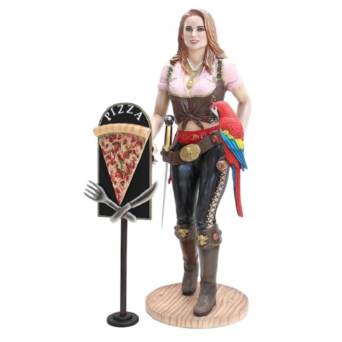 Blonde Piratenfrau mit Pizzaschild lebensgroß Deko- & Werbefigur