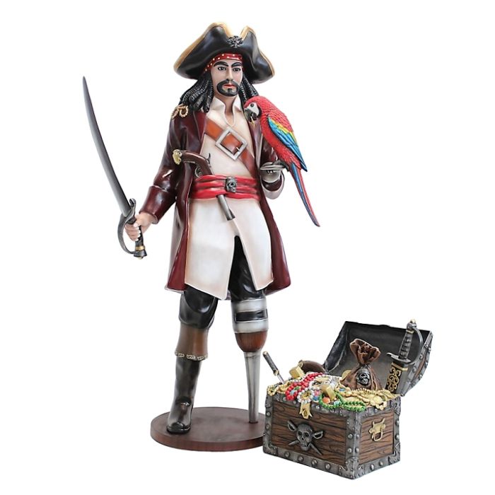 Captain Hook mit Papagei und Schatztruhe lebensgroß Deko- & Werbefigur