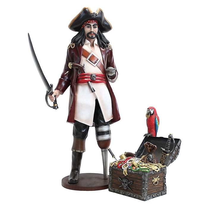 Captain Hook und Schatztruhe mit Papagei lebensgroß Deko- & Werbefigur