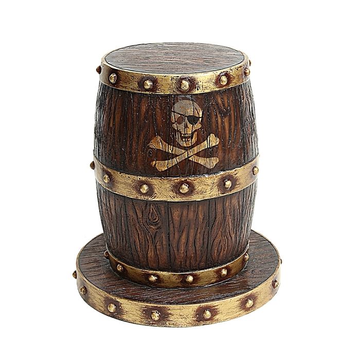 Weinfasshocker dunkel mit Gold und Totenkopf lebensgroß Sitzmöglichkeit