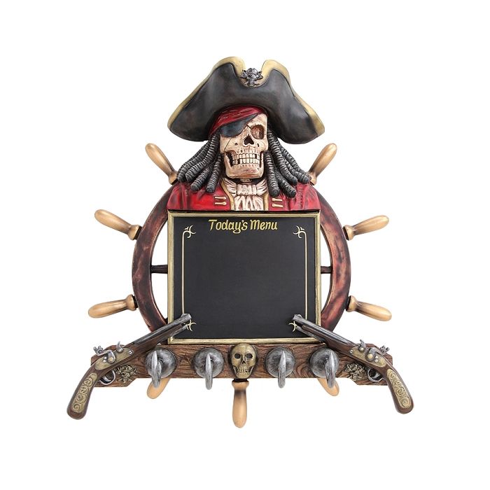 Piratenskelett Angebotstafel und Garderobe mit Steuer und Pistol lebensgroß Garderobe