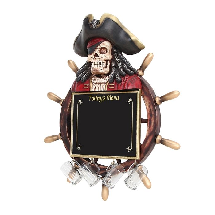 Piratenskelett Angebotstafel und Trinkglashaken mit Steuer lebensgroß Dekoköpfe & Büsten