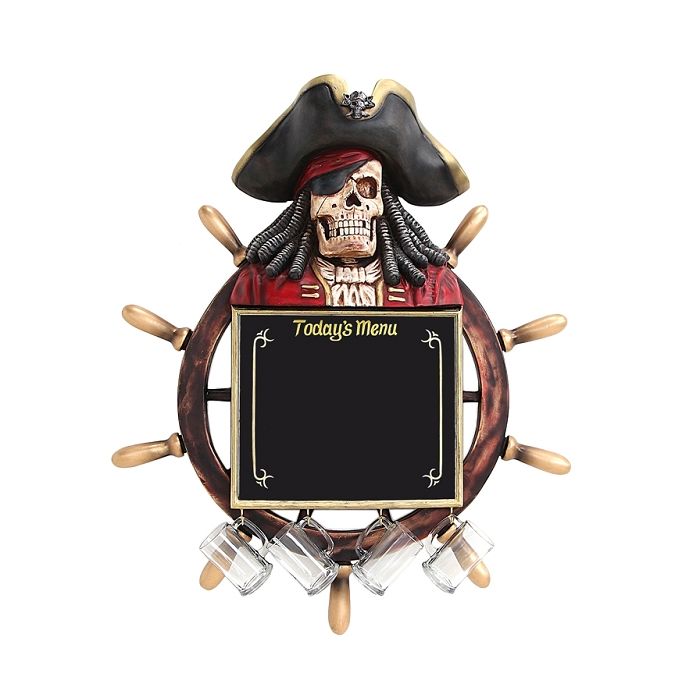 Piratenskelett Angebotstafel und Trinkglashaken mit Steuer lebensgroß Dekoköpfe & Büsten