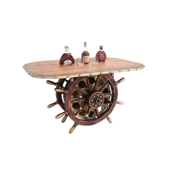 Schiffssteuer Tisch mit Holzplatte Oval und Weinhalterung lebensgroß Tisch