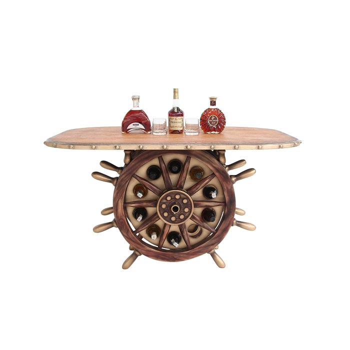 Schiffssteuer Tisch mit Holzplatte Oval und Weinhalterung lebensgroß Tisch