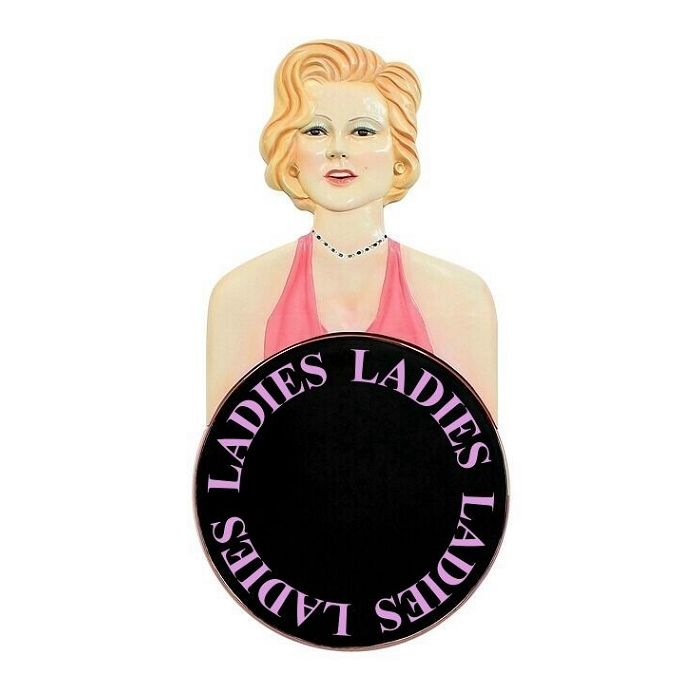 Marilyn Büste mit *Ladies*Schild rund lebensgroß Angebotstafel