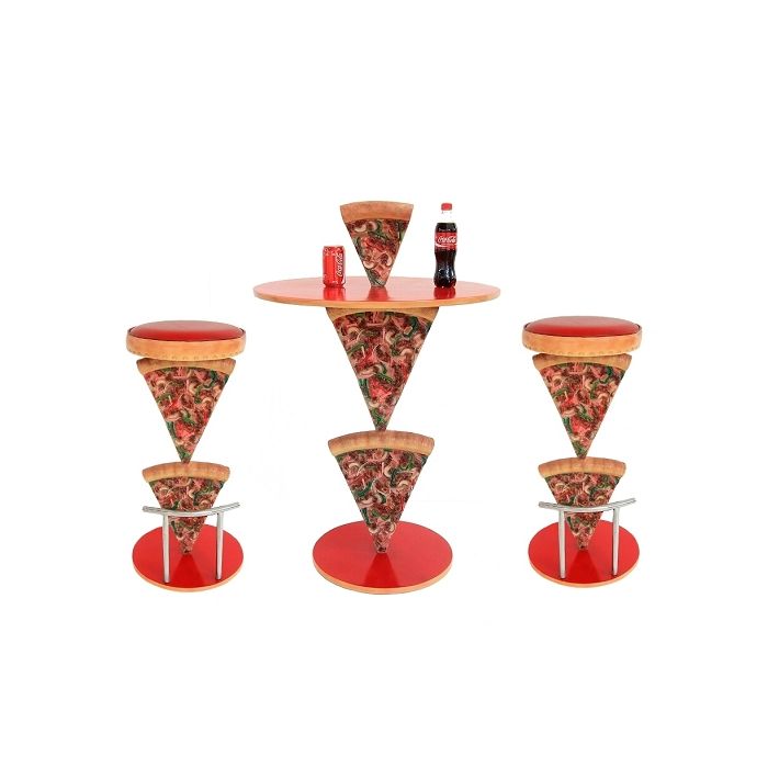 Pizzatisch und Pizzahocker 2 Pizzastücke vergrößert Sitzmöglichkeit, Tisch
