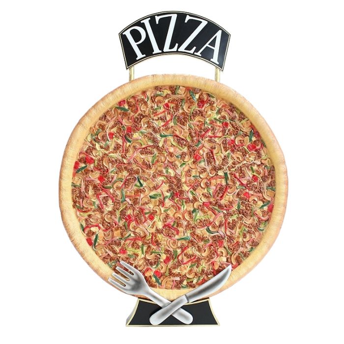 Ganze Pizza Zweiseitig mit Messer und Gabel mit Pizzaschild vergrößert Schild