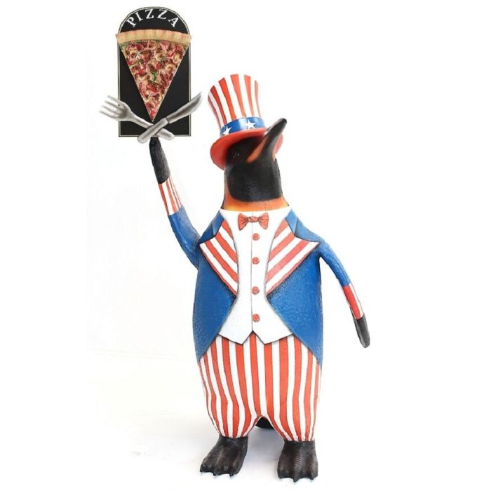 Pinguin amerika mit Pizzaschild lebensgroß Schild