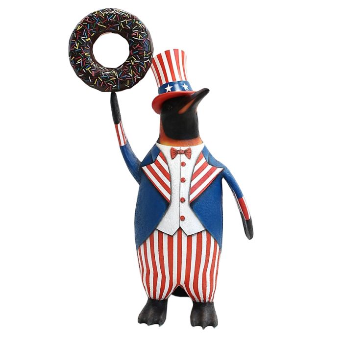 Pinguin amerika mit braunem Donut lebensgroß Deko- & Werbefigur