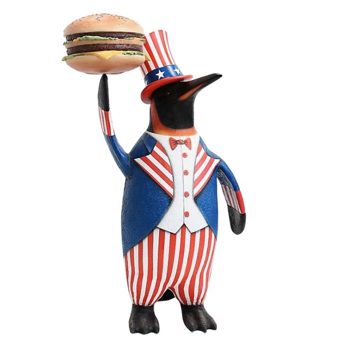 Pinguin amerika mit Burger lebensgroß Deko- & Werbefigur